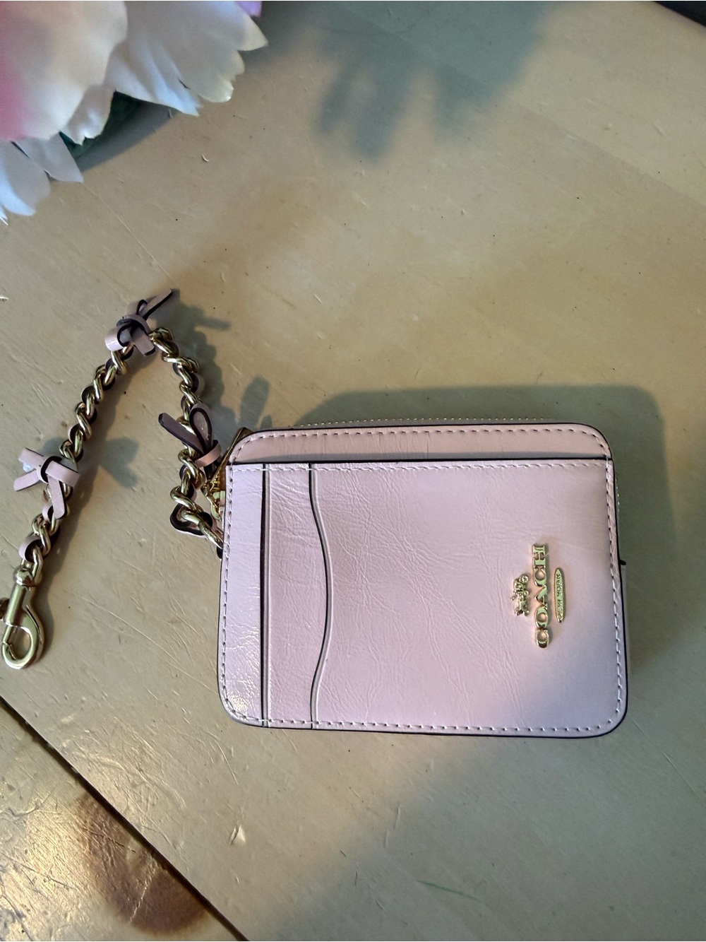 Coach Light Pink Leather Card Holder with Chain Strap NWT